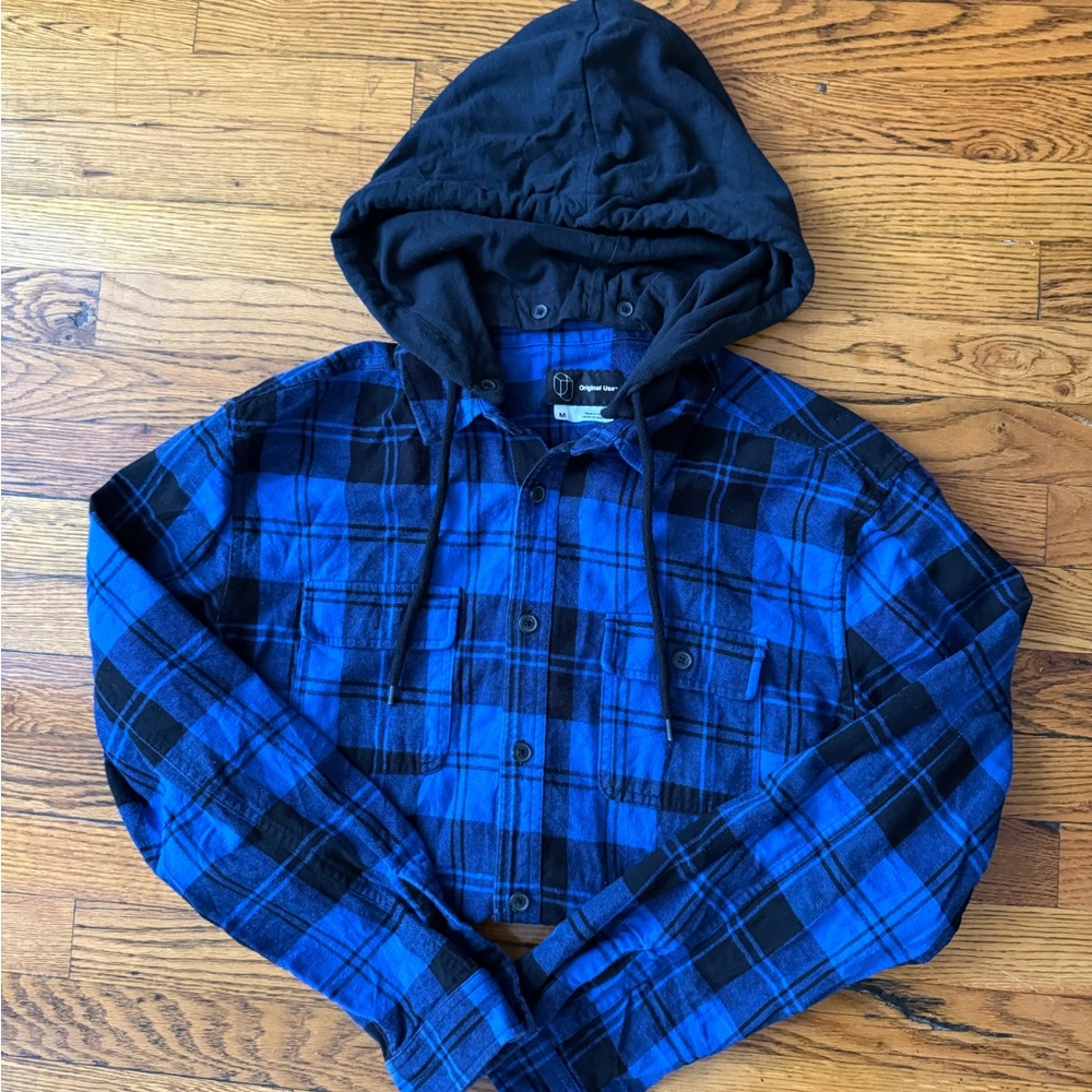 Blue and Black Plaid Hooded Shirt